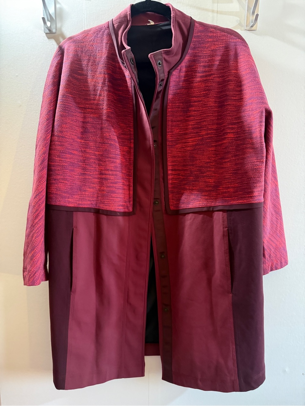 Lululemon Burgundy Long Snap Front Jacket Coat Mixed Knit Women’s Medium